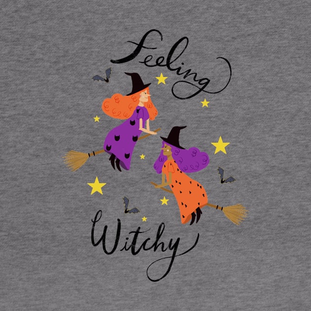 "Feeling Witchy" - Hand lettered // Orange & Purple haired witches (Halloween design) by Maddyslittlesketchbook